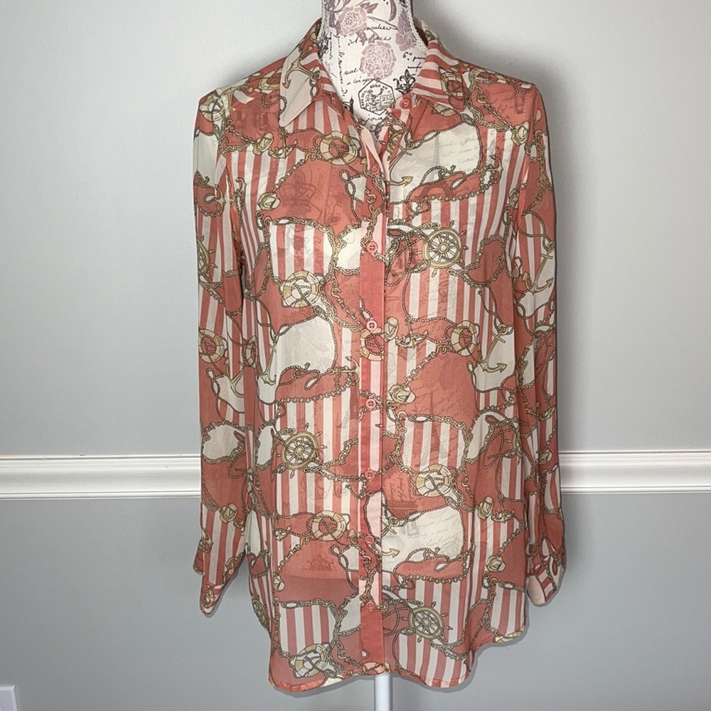 Forever 21 Cream Pink Nautical Anchor Blouse M